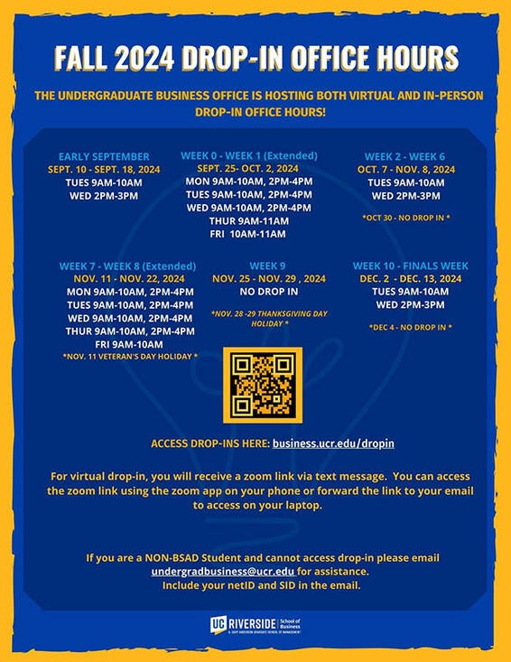 UCR Undergraduate Business Office Drop In Hours